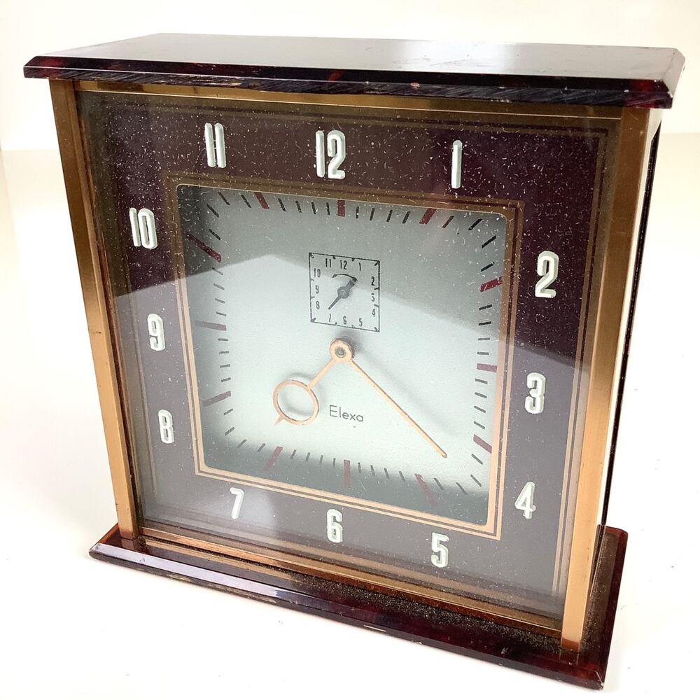 TESTED MCM Art Deco Mantle Wind Up Clock Lucite Metal Elexa Corp USA